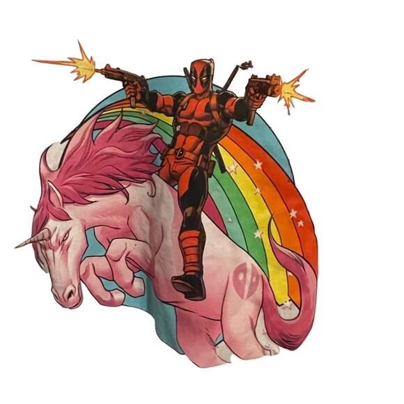 DEADPOOL RIDING A UNICORN long sleeve tshirt - Picture 1 of 2